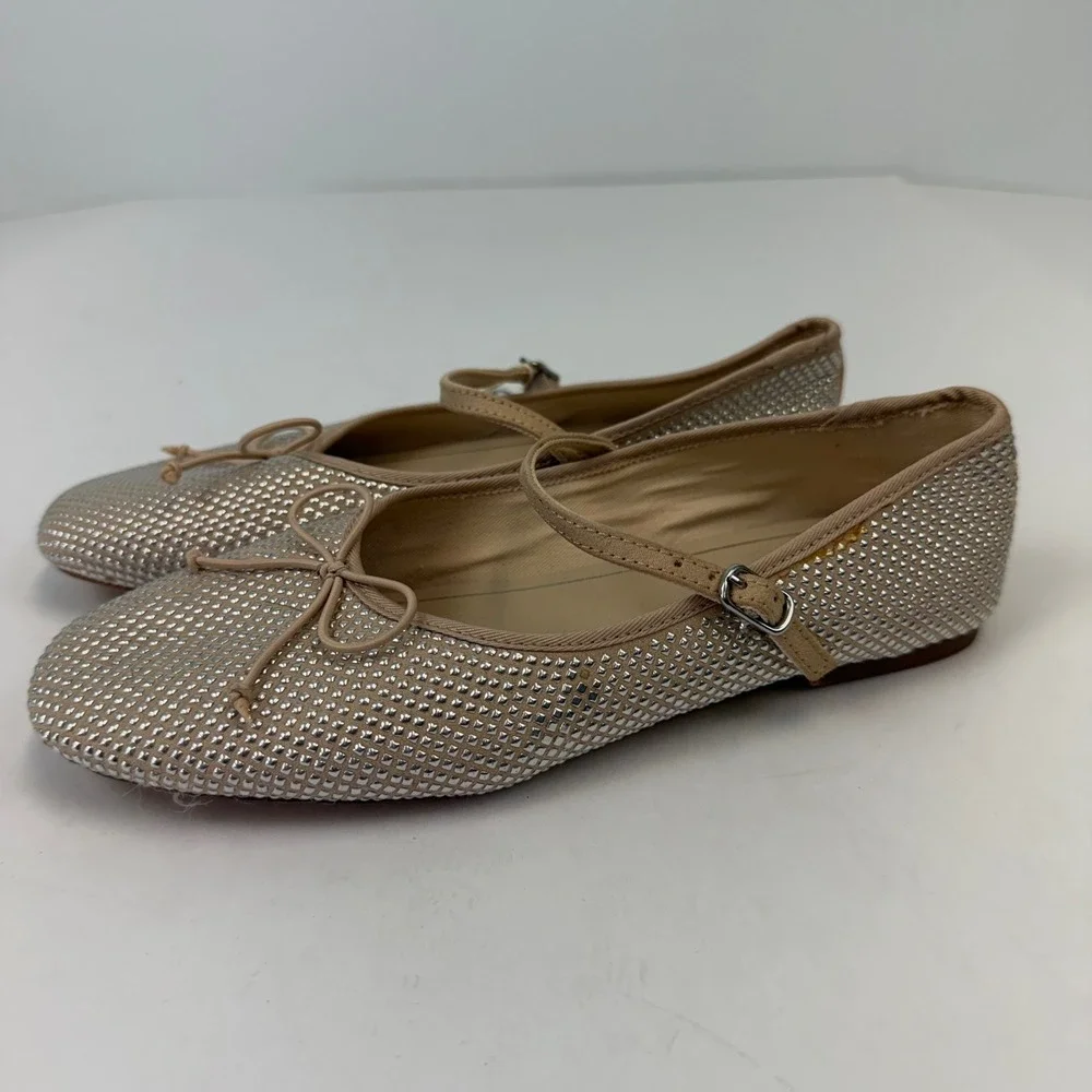 Zara Kids Silver Studded Mary Jane Ballet Flats Bow Detail Beige Size 4 36 NEW